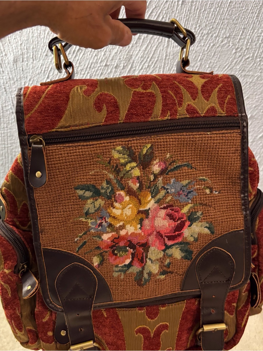 Floral Tapestry Backpack with Brown Leather Trim - Red & Brown Tapestry